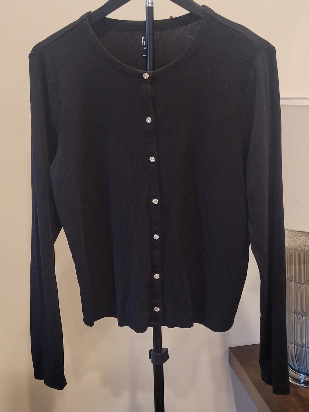GAP Black Long Sleeve Button-Front Top with Rhinestone Buttons
